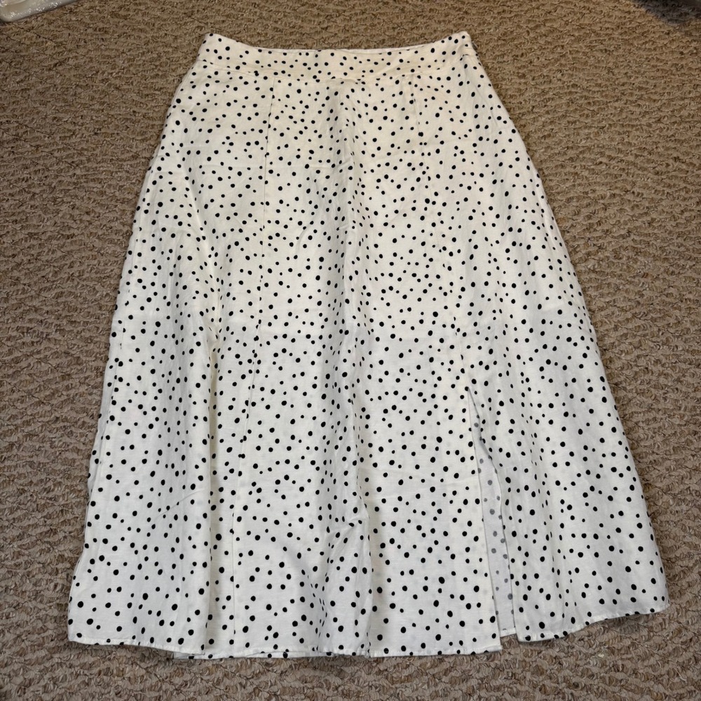 NWT LOFT Polka Dot Linen Blend Midi Skirt White Black Side Zip Slit Size 4